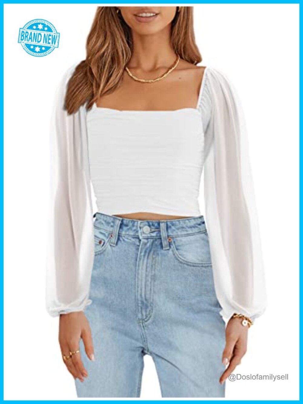 Womens Mesh Long Sleeve Cropped Top Square Neck Puff Sleeve Blouse